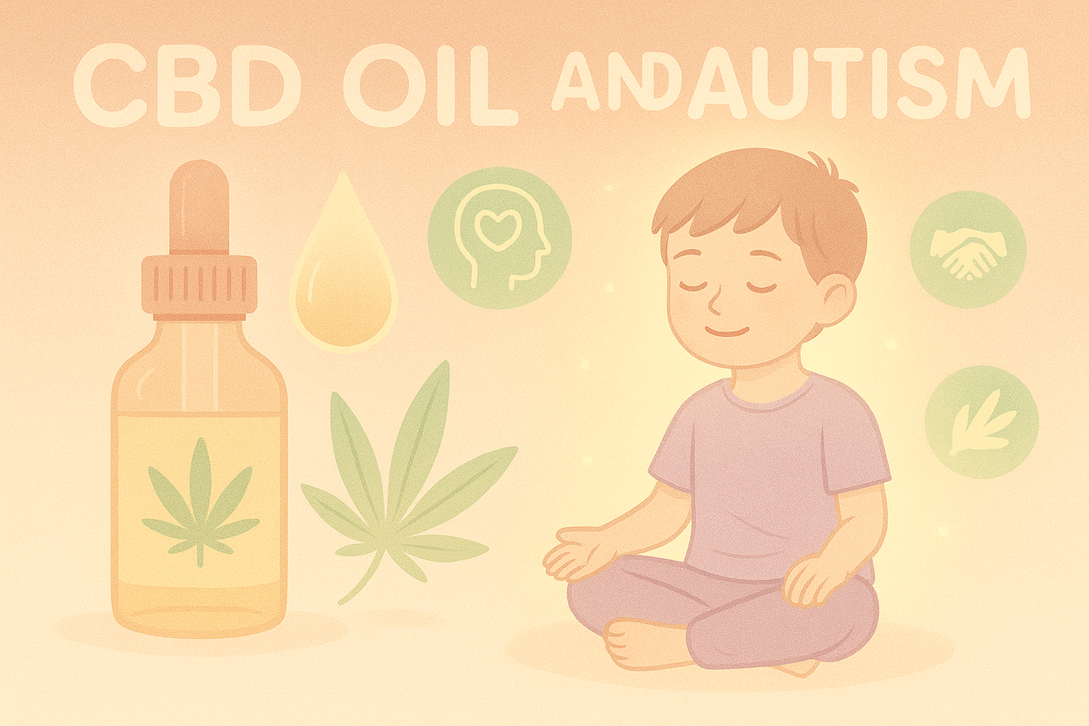 Illustration of a calm child meditating beside a CBD oil bottle, hemp leaf, and icons representing focus, connection, and emotional well-being
