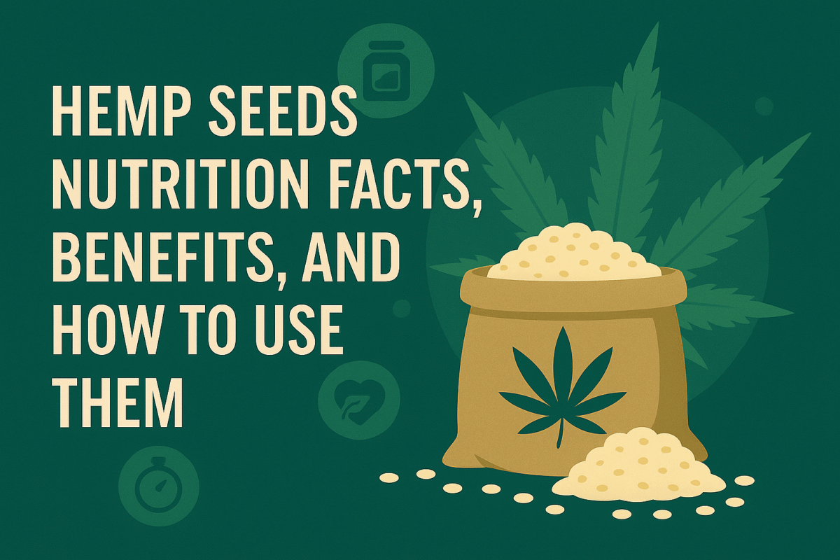 Illustration of a hemp seed sack overflowing with seeds, with icons for nutrition, wellness, and dosage, and a cannabis leaf in the background.
