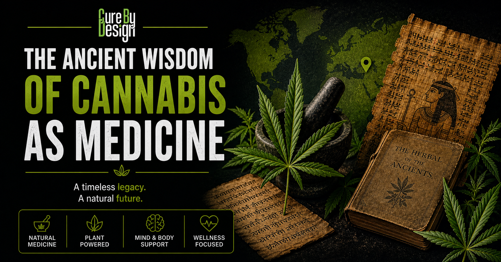 Ancient cannabis medicine history illustration with hemp leaves and healing symbolism