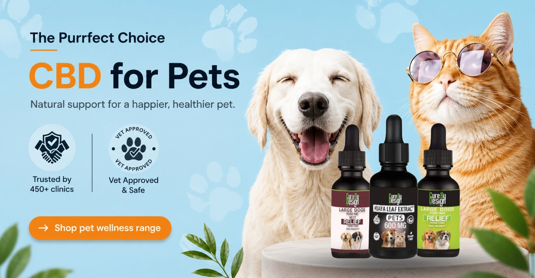 CBD for pets hero banner featuring natural wellness support for dogs and cats in a clean modern design.
