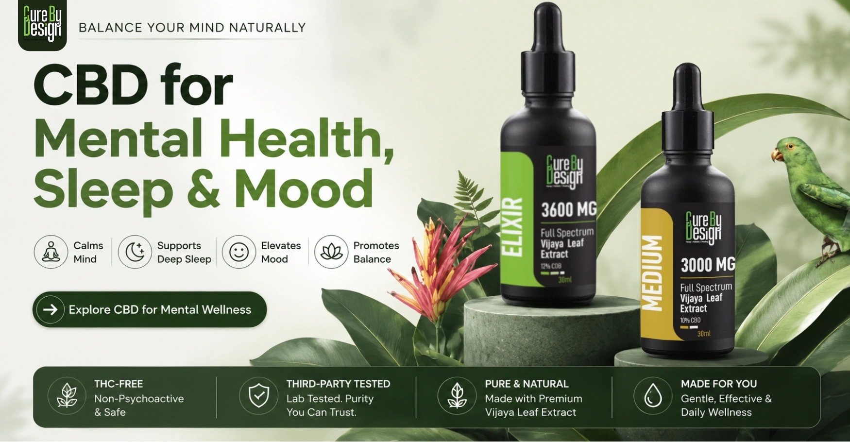 CBD wellness hero banner featuring full spectrum hemp extracts for mental health, sleep support, mood balance, and daily wellness.