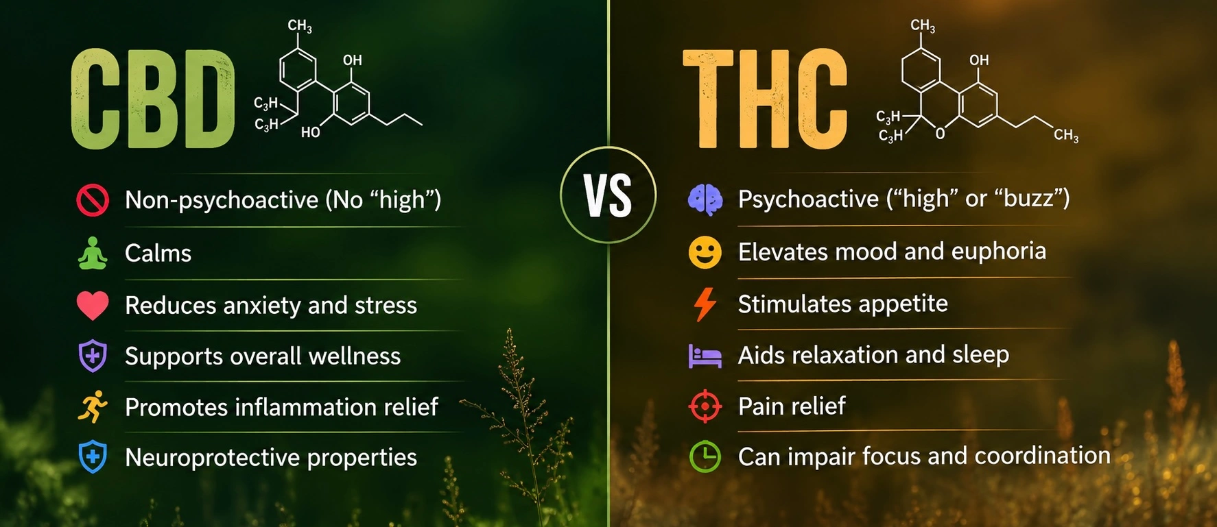 CBD vs THC comparison infographic showing effects wellness benefits and cannabis science