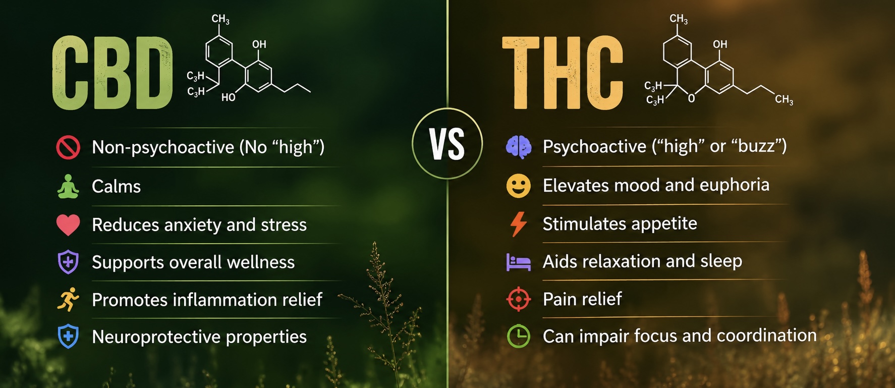 Side by side infographic comparing CBD and THC, highlighting the differences between non psychoactive wellness benefits and psychoactive effects. The design explains relaxation, anxiety relief, pain support, sleep support, mood enhancement, and focus in a premium cannabis education layout.