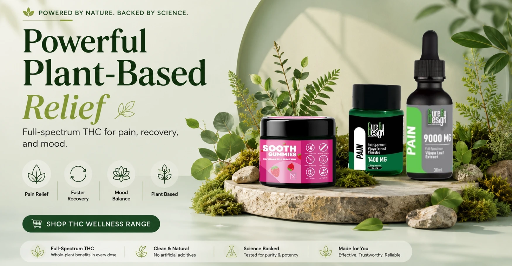 Full spectrum THC wellness hero banner focused on pain relief, recovery support, mood balance, and plant based wellness.