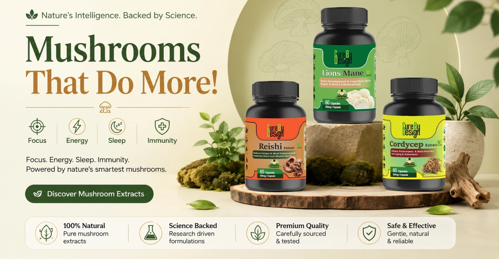 Mushroom wellness banner featuring natural extracts for focus, energy, sleep, immunity, and cognitive support.