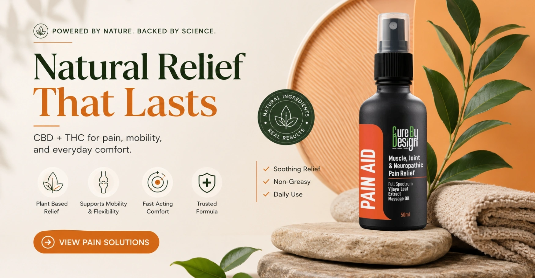 Natural relief wellness hero banner focused on CBD and THC support for pain relief, mobility, and recovery.