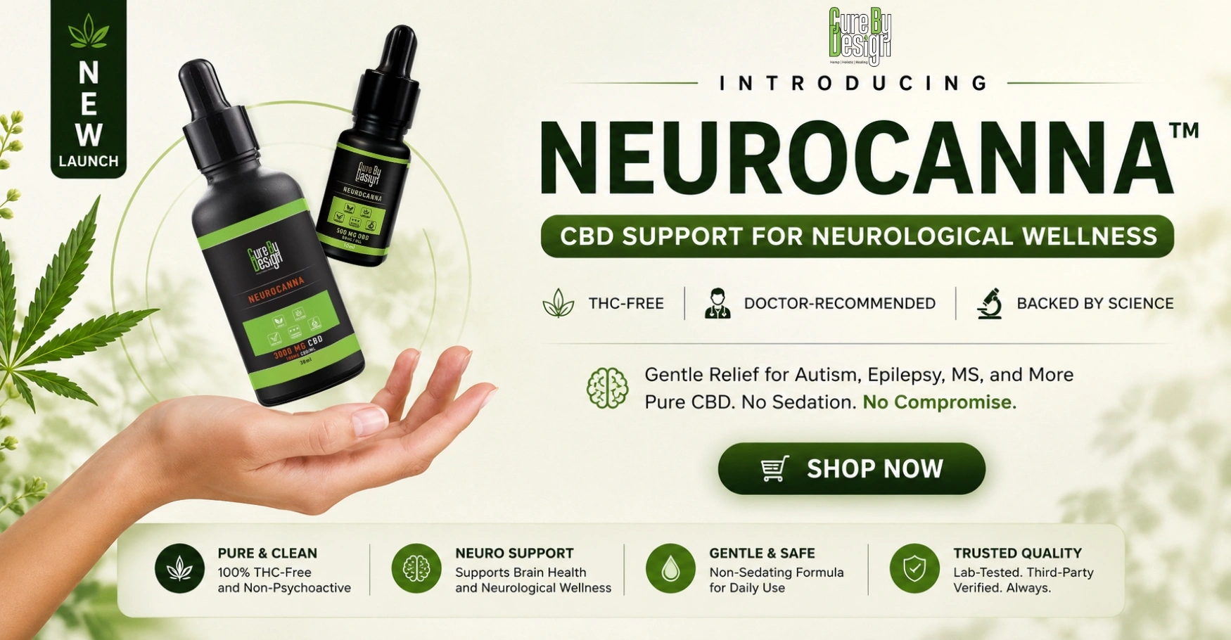Neurocanna CBD neurological wellness banner focused on THC free support for brain health and neurological wellness.