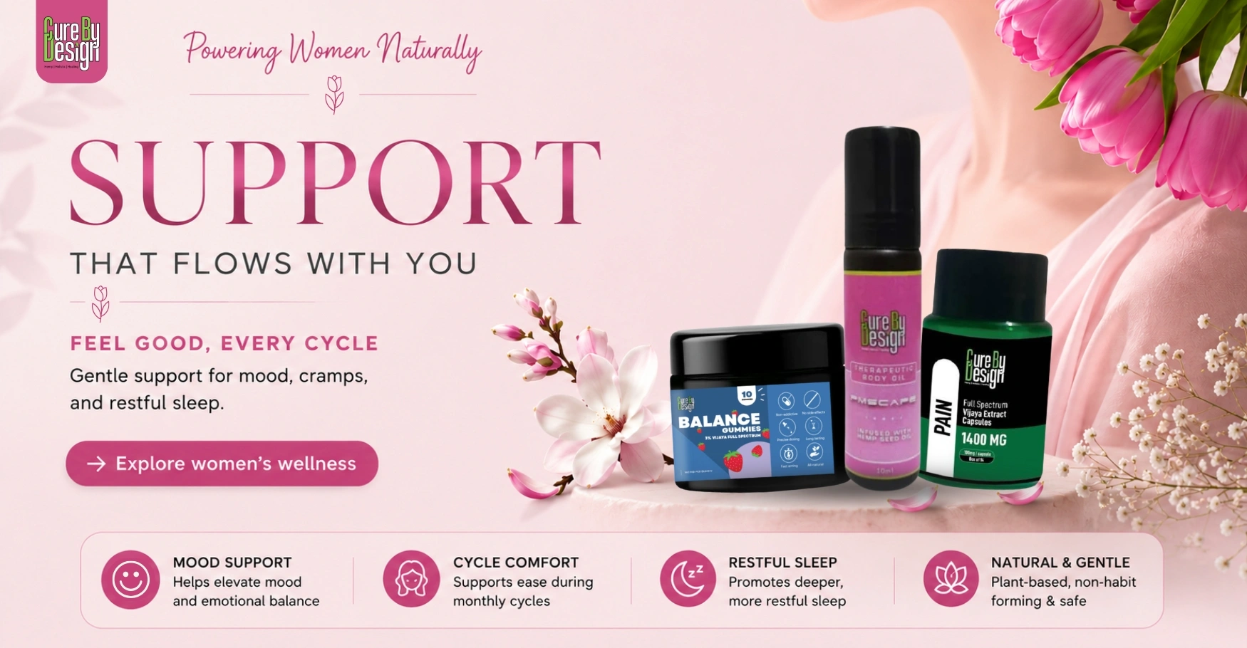 Women’s wellness hero banner promoting natural support for mood balance, cramps, cycle comfort, and restful sleep.