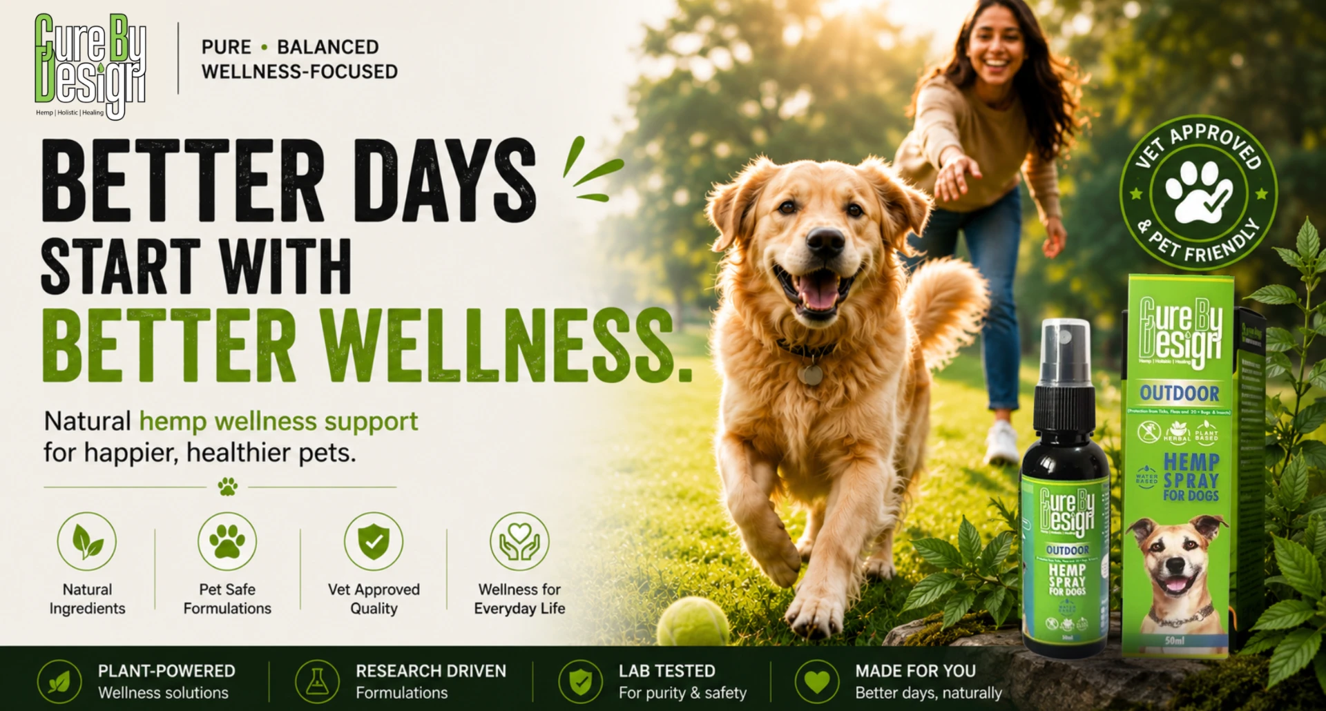 Golden Retriever running outdoors with owner alongside hemp wellness products for pets promoting natural skin, coat, and overall wellness support.