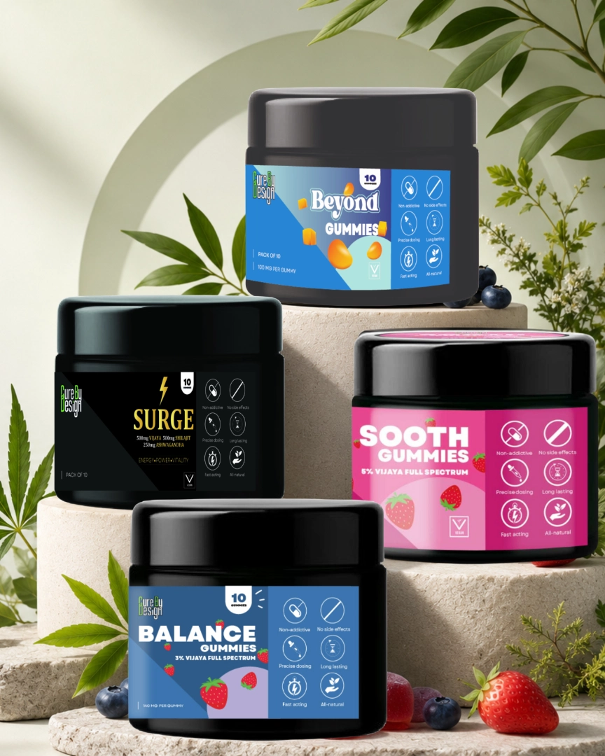 Cure By Design THC Gummies including Beyond Gummies, Surge Gummies, Balance Gummies and Sooth Gummies made with full spectrum Vijaya extract for natural wellness support.