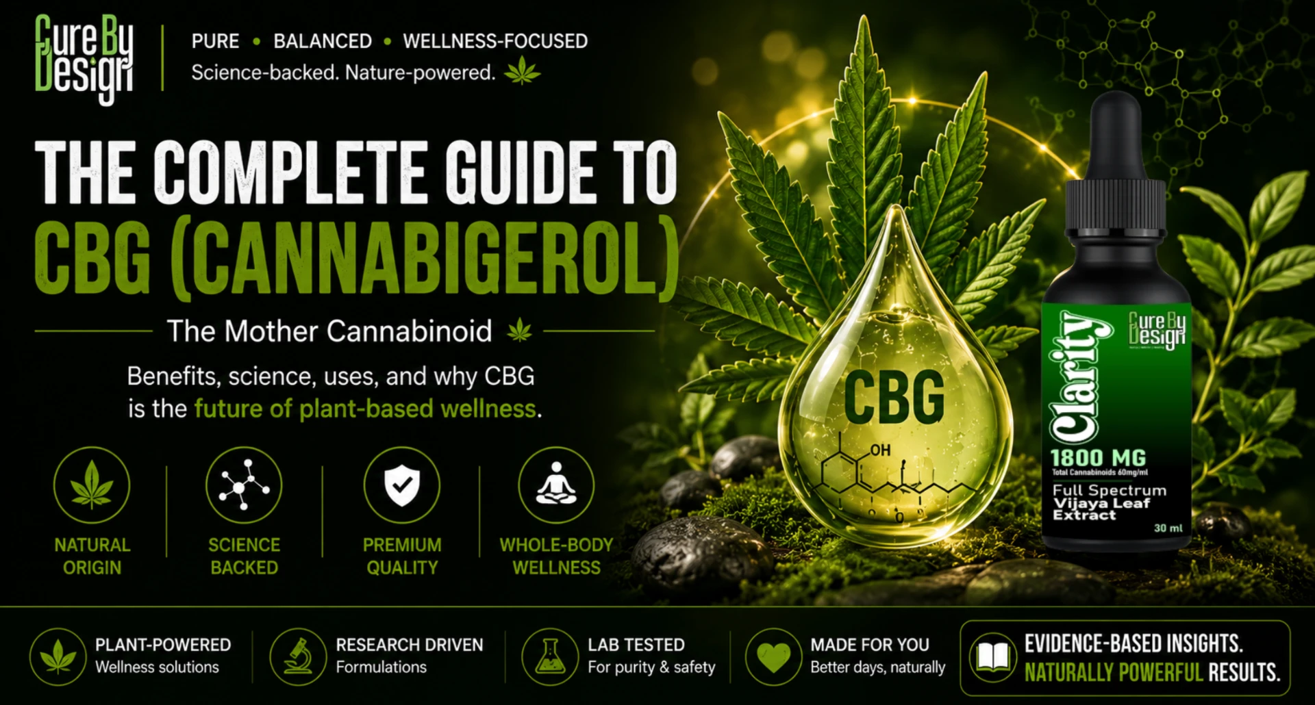 CBG Cannabigerol Mother Cannabinoid infographic explaining CBGA, cannabinoid family tree, CBG benefits, endocannabinoid system, CBG vs CBD, and emerging cannabinoid research.