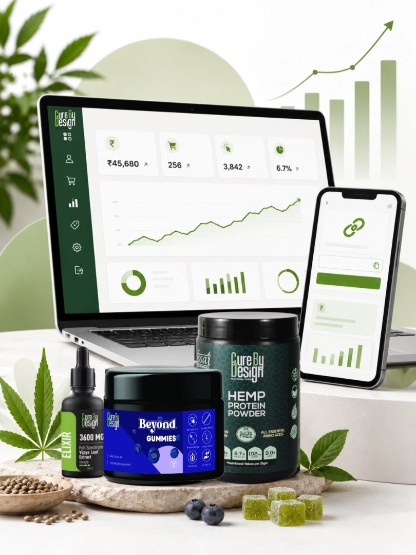 Cure By Design Affiliate Program dashboard with CBD products, referral link, earnings dashboard, and hemp wellness products