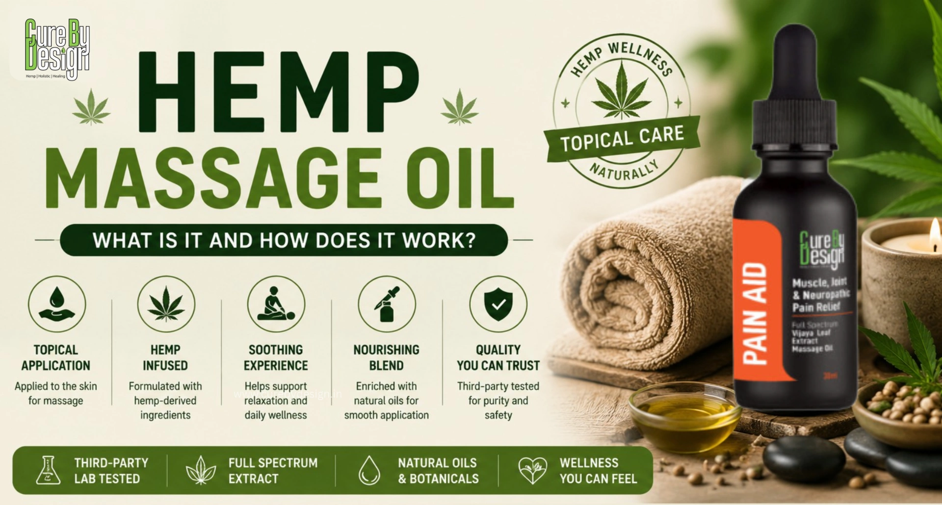 Hemp massage oil with hemp leaves and botanical ingredients